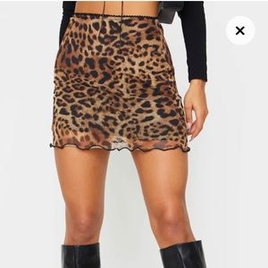 Tan leopard print mesh lettuce hem skirt